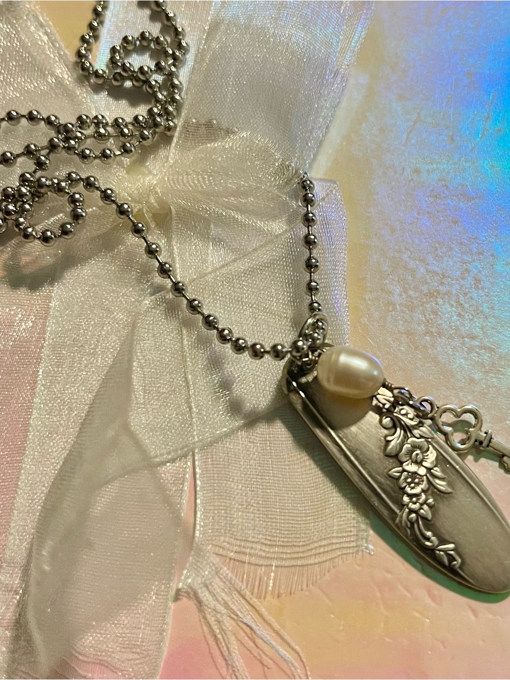 Sterling Silver Floral Vintage Sugar Spoon handle Necklace with Pearl Accent